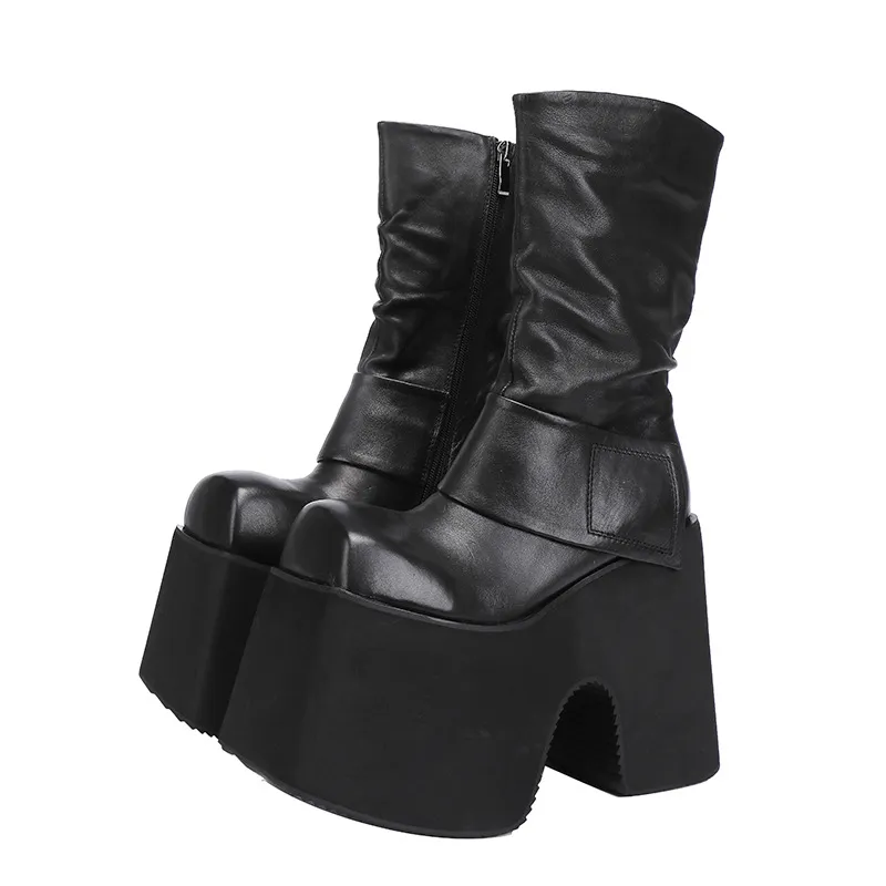 High Heel Top Grain Leather Mid-Calf Boots