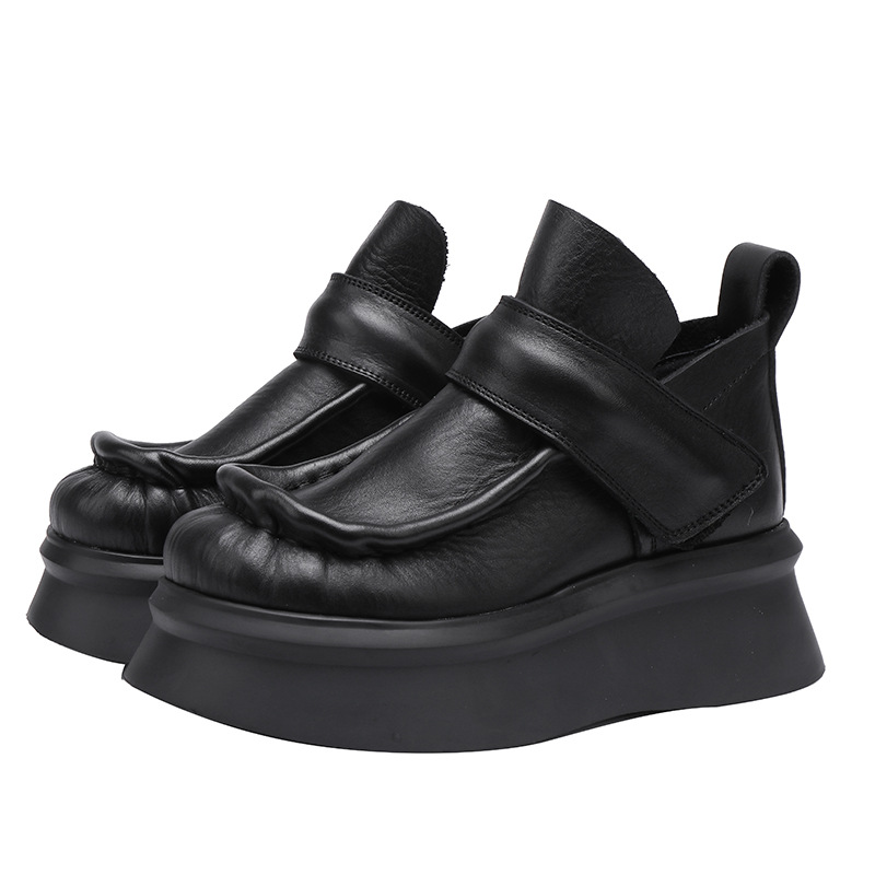 Designsoo High Top Casual Short Boots in Top Grain Leather with Comfortable Thick Sole, Vintage Minimalist Women's Shoes