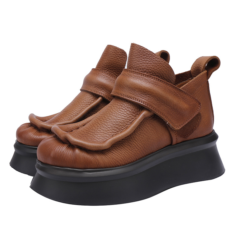 Designsoo High Top Casual Short Boots in Top Grain Leather with Comfortable Thick Sole, Vintage Minimalist Women's Shoes