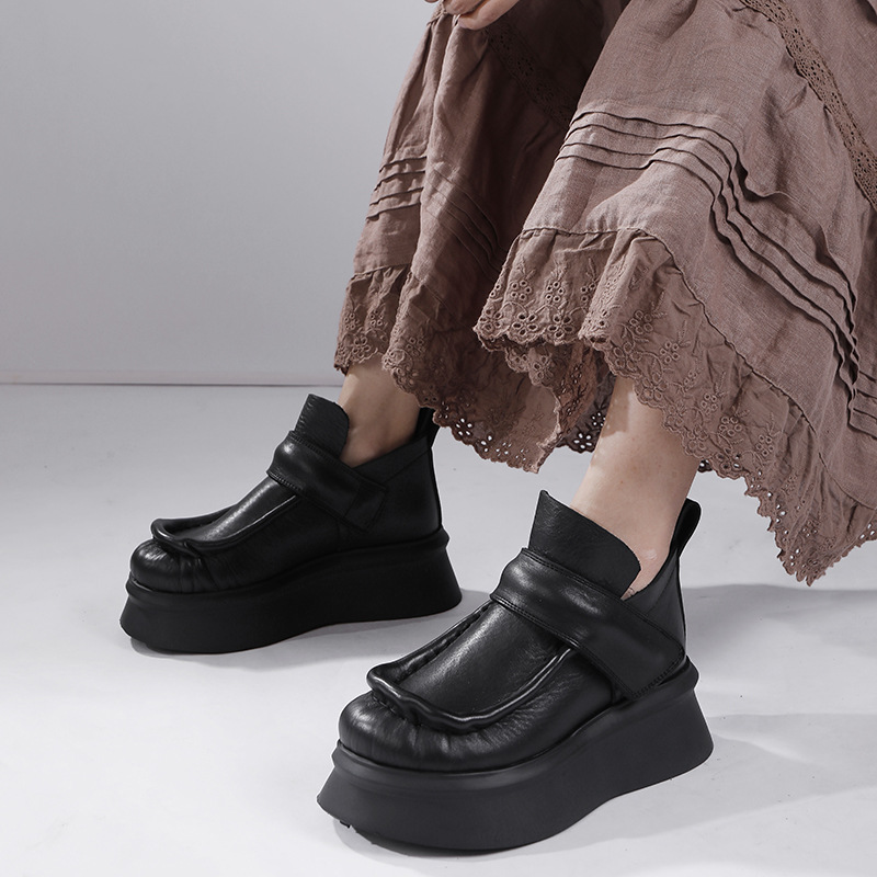 Designsoo High Top Casual Short Boots in Top Grain Leather with Comfortable Thick Sole, Vintage Minimalist Women's Shoes