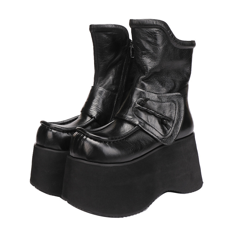 Designsoo Horse Leather Thick Sole Genuine Leather Vintage Versatile Slim Short Boots