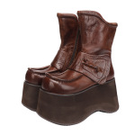 Designsoo Horse Leather Thick Sole Genuine Leather Vintage Versatile Slim Short Boots