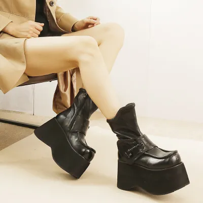 Horse Leather Thick Sole Genuine Leather Vintage Versatile Slim Short Boots 02