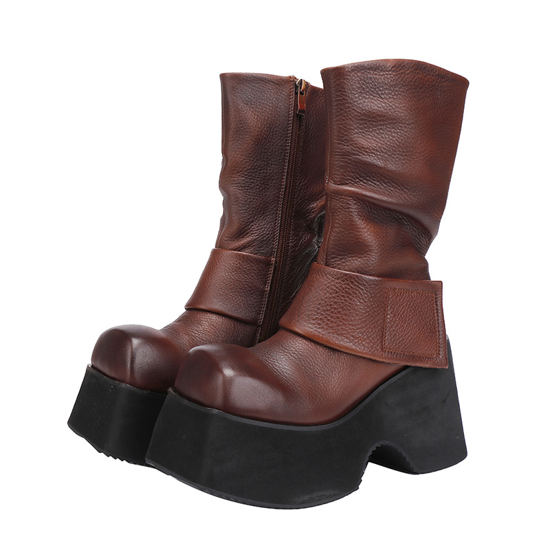 Designsoo Petite Wrinkled Full Leather Lightweight Thick Sole Mid-Calf Boots