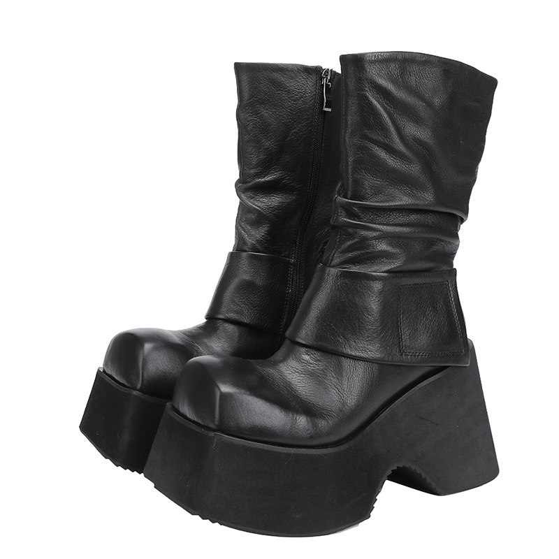 Designsoo Petite Wrinkled Full Leather Lightweight Thick Sole Mid-Calf Boots