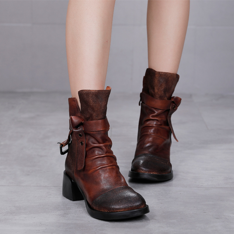 Designsoo Round Toe Genuine Leather Riding Boots with Vintage Chunky Heels