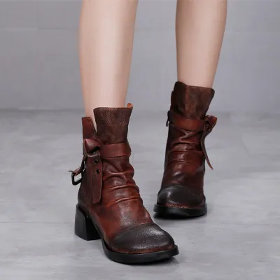 Round Toe Genuine Leather Riding Boots with Vintage Chunky Heels 02