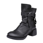 Designsoo Round Toe Genuine Leather Riding Boots with Vintage Chunky Heels