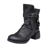 Round Toe Genuine Leather Riding Boots with Vintage Chunky Heels