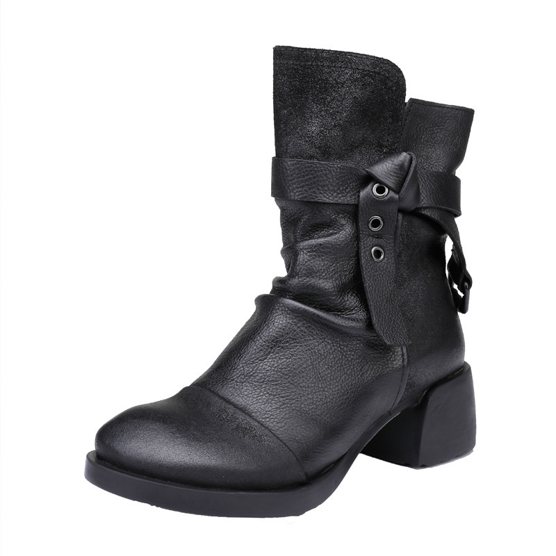 Designsoo Round Toe Genuine Leather Riding Boots with Vintage Chunky Heels