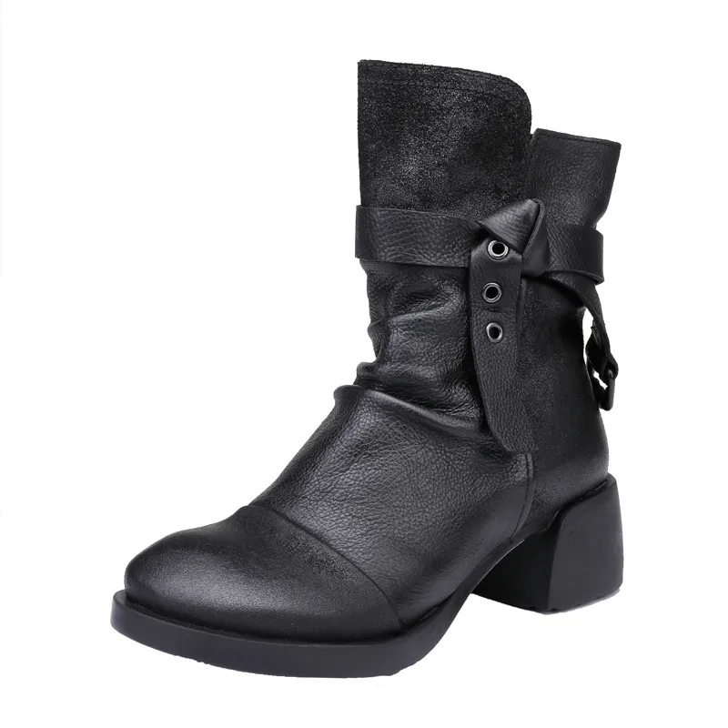 Round Toe Genuine Leather Riding Boots with Vintage Chunky Heels