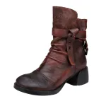 Round Toe Genuine Leather Riding Boots with Vintage Chunky Heels