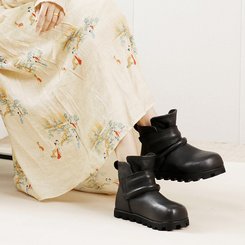 Designsoo Soft Lightweight Top Grain Leather Hook-and-Loop Comfort Short Boots