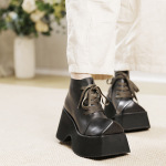 Designsoo Square Toe Genuine Leather Platform Lace-Up Short Boots