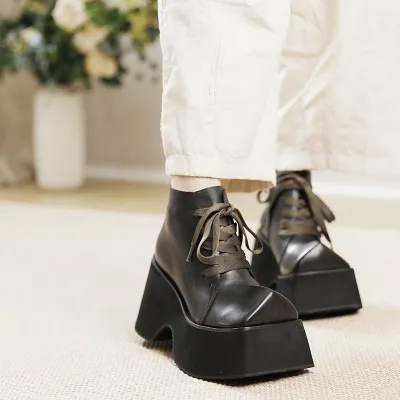 Square Toe Genuine Leather Platform Lace-Up Short Boots 01