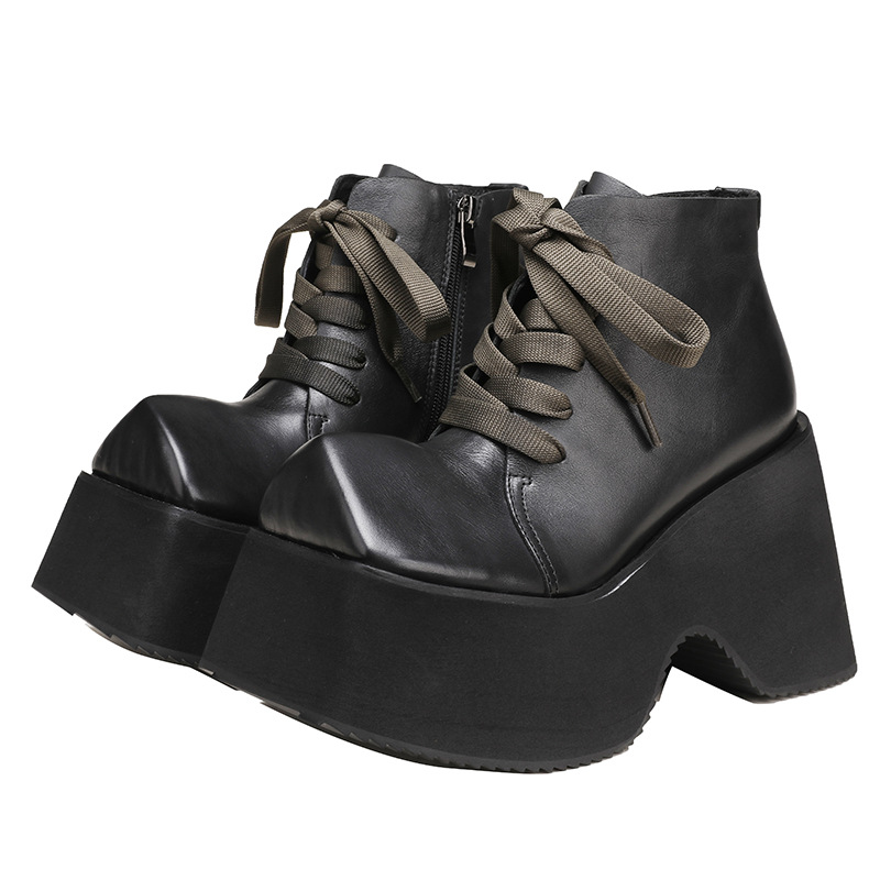 Designsoo Square Toe Genuine Leather Platform Lace-Up Short Boots
