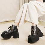 Designsoo Square Toe Genuine Leather Platform Lace-Up Short Boots