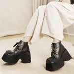 Square Toe Genuine Leather Platform Lace-Up Short Boots