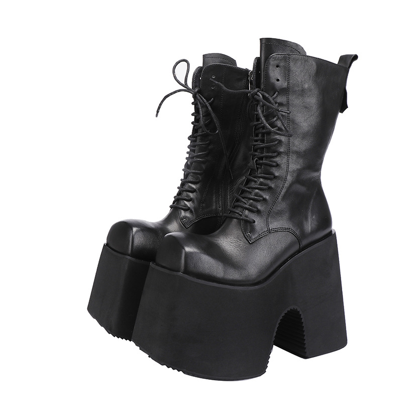 Designsoo Thick Sole Unique Design Height-Increasing Vintage Lace-Up Mid-Calf Boots