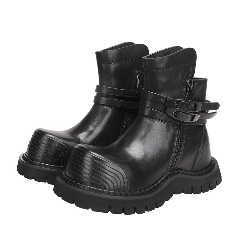 Designsoo Top Grain Leather Ankle Boots with Buckle Strap, Flat Heel, Round Toe, Low Shaft Riding Boots