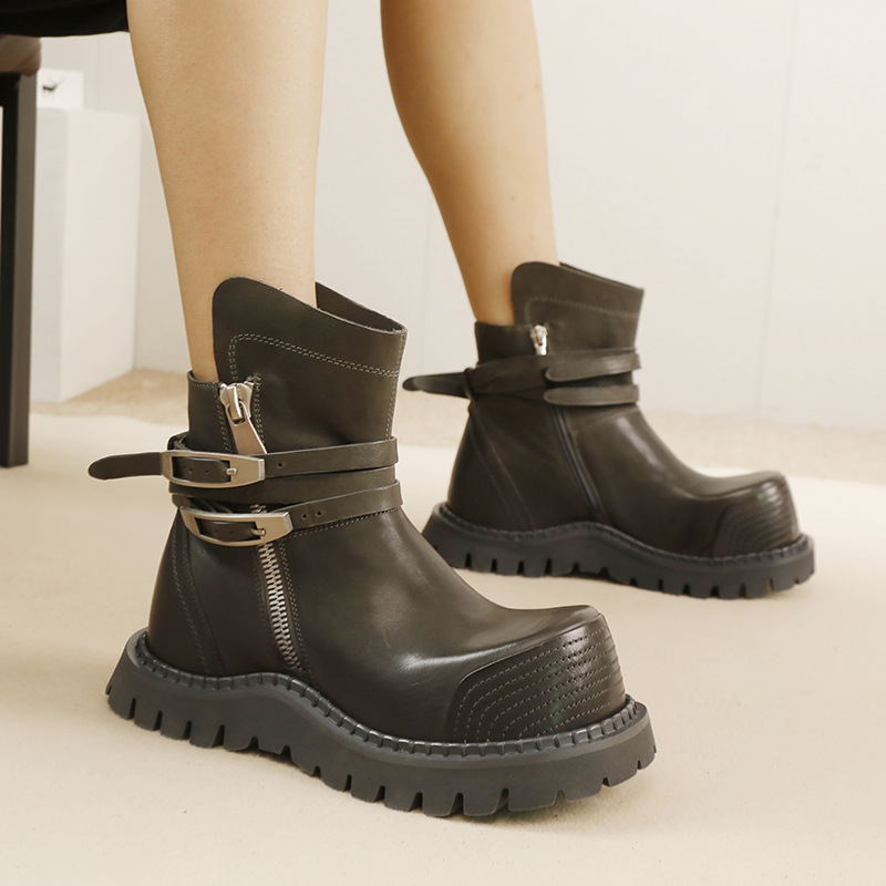 Designsoo Top Grain Leather Ankle Boots with Buckle Strap, Flat Heel, Round Toe, Low Shaft Riding Boots