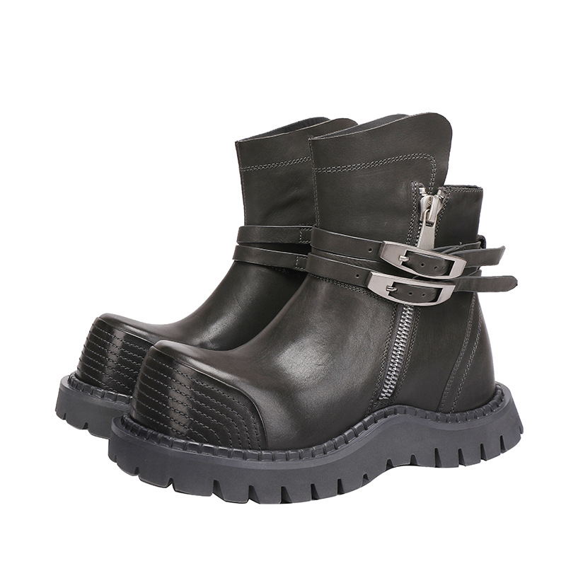 Designsoo Top Grain Leather Ankle Boots with Buckle Strap, Flat Heel, Round Toe, Low Shaft Riding Boots