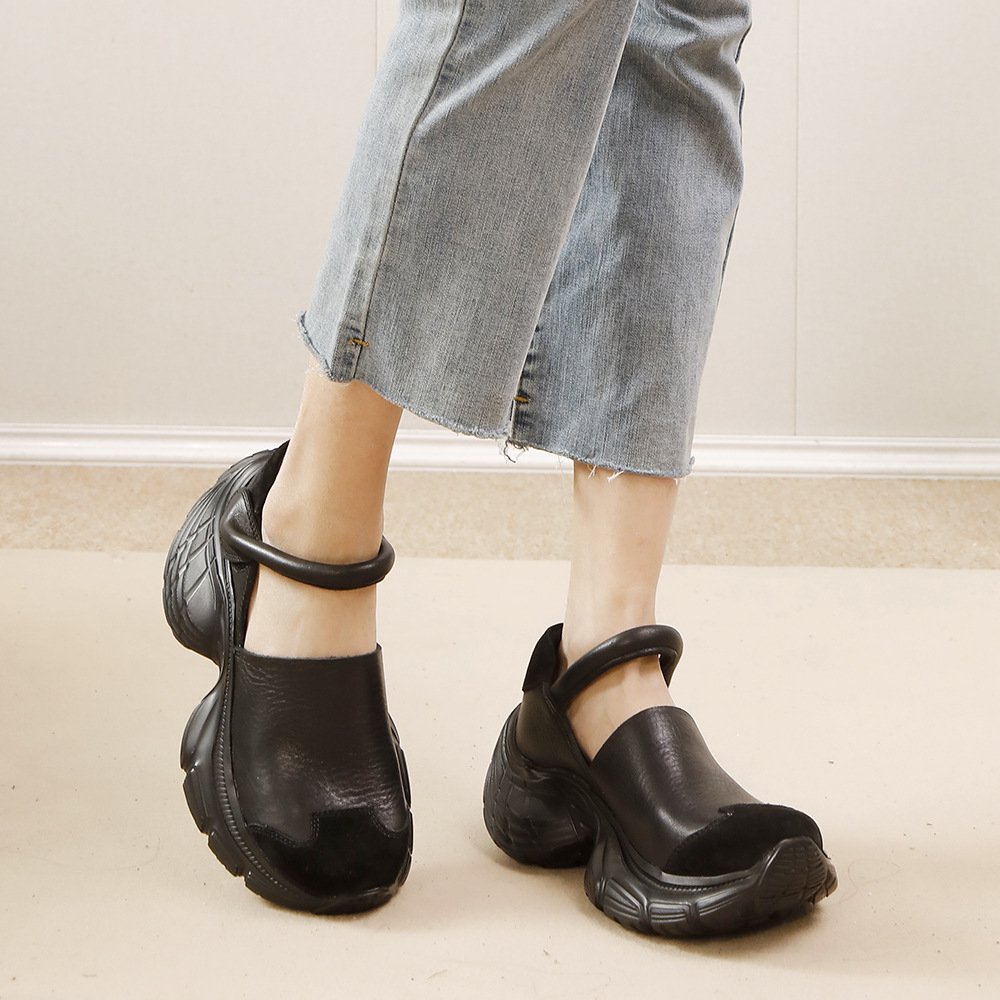 Designsoo Top Grain Leather Thick Sole Lightweight Comfort Dad Shoes Vintage Trend Handcrafted Single Shoes