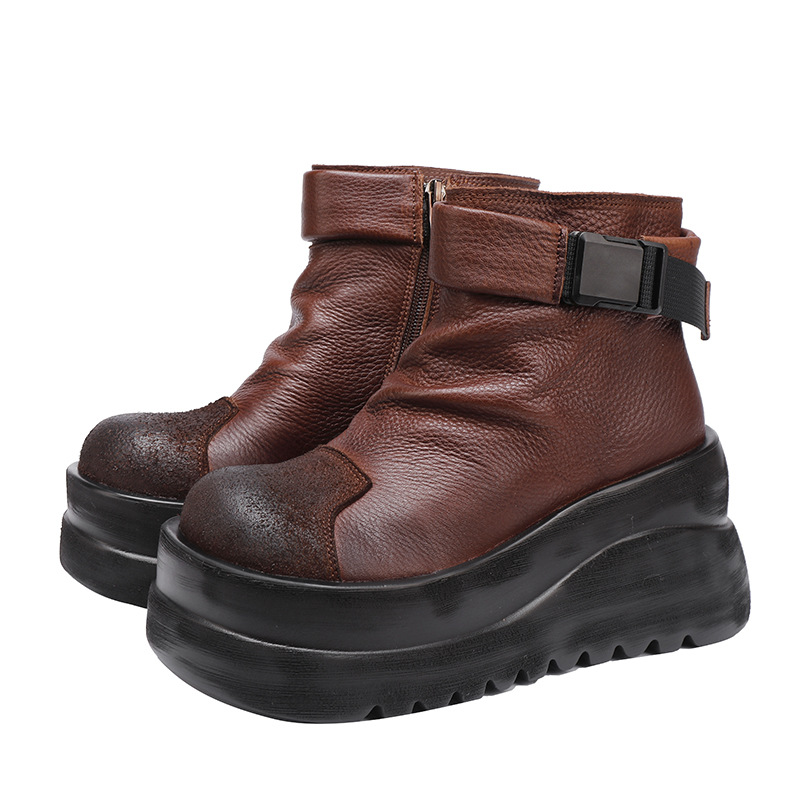 Designsoo Top Grain Leather Vintage Thick Sole Side Zip Lightweight Comfort Short Boots