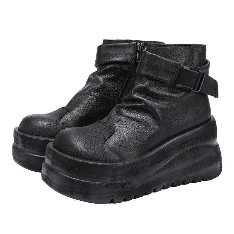 Designsoo Top Grain Leather Vintage Thick Sole Side Zip Lightweight Comfort Short Boots