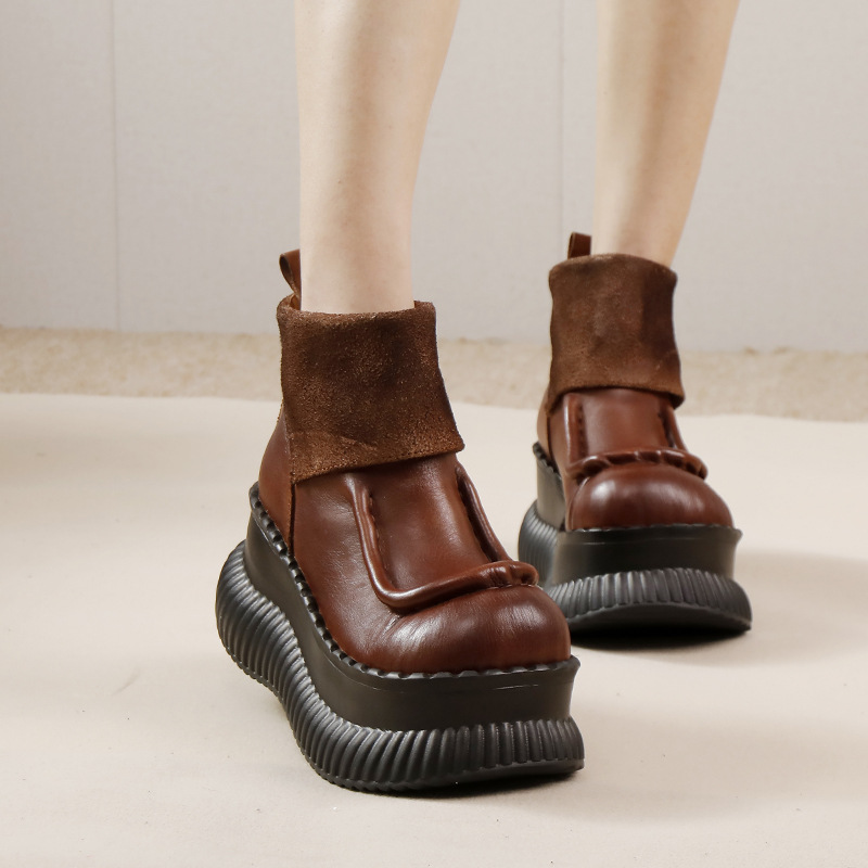 Designsoo Vintage Thick Sole Platform Short Boots in Top Grain Leather