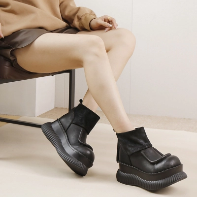 Designsoo Vintage Thick Sole Platform Short Boots in Top Grain Leather 01