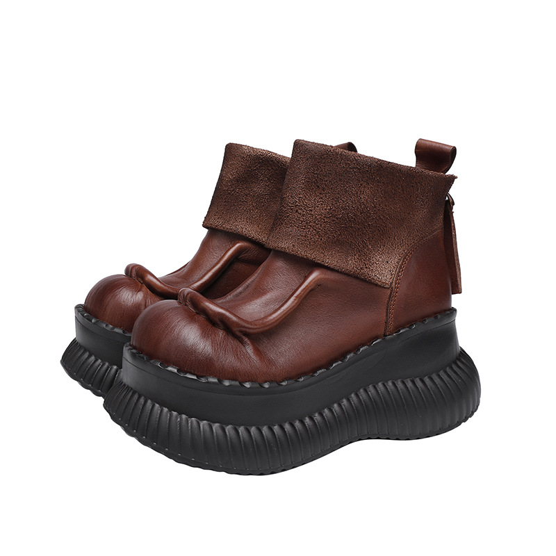 Designsoo Vintage Thick Sole Platform Short Boots in Top Grain Leather