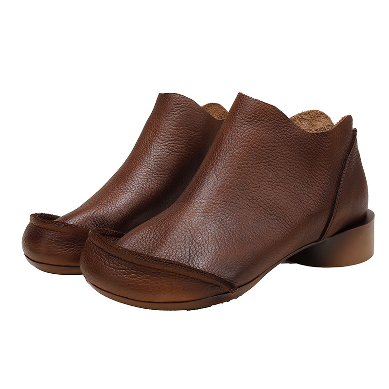 Designsoo Women's Genuine Leather Wood Ear Edge Ankle Boots