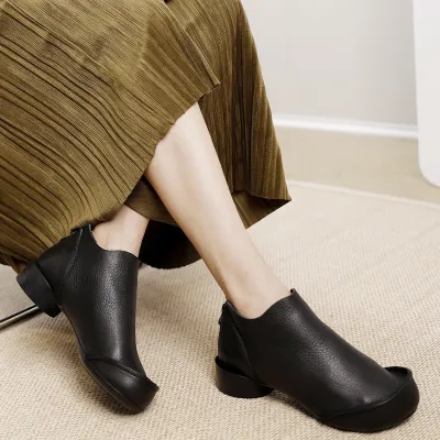 Women's Genuine Leather Wood Ear Edge Ankle Boots 01