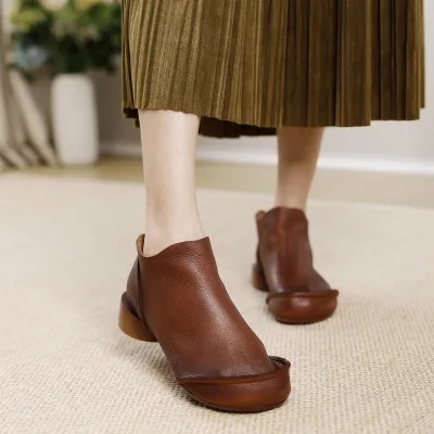 Women's Genuine Leather Wood Ear Edge Ankle Boots 02