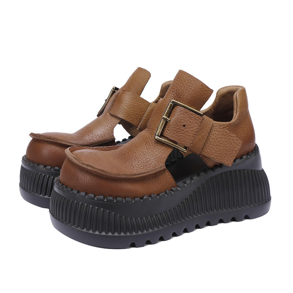 Designsoo Full Grain Leather Vintage Premium Height-Increasing Cutout Single Shoes