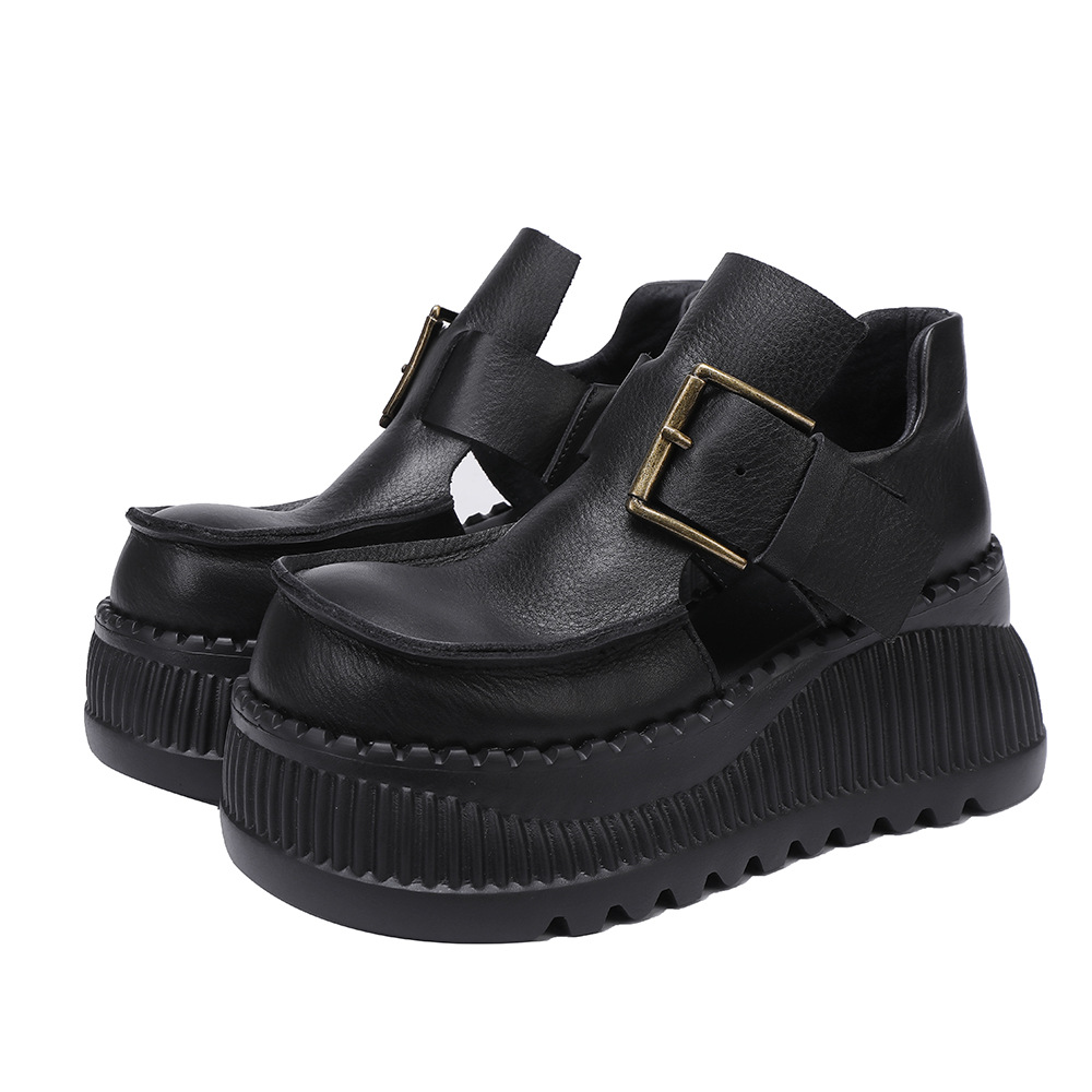 Designsoo Full Grain Leather Vintage Premium Height-Increasing Cutout Single Shoes