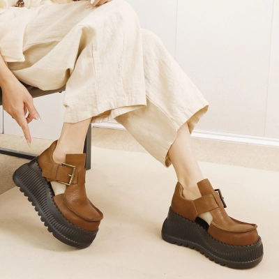 Designsoo Full Grain Leather Vintage Premium Height-Increasing Cutout Single Shoes 02