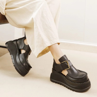 Designsoo Full Grain Leather Vintage Premium Height-Increasing Cutout Single Shoes 01