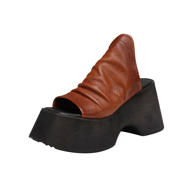 Designsoo Genuine Leather Peep Toe Thick Sole Sandals