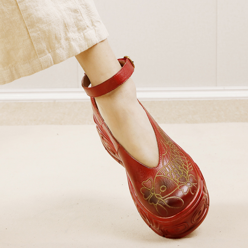 Designsoo Top Grain Leather Lightweight Thick Sole Red Single Shoes