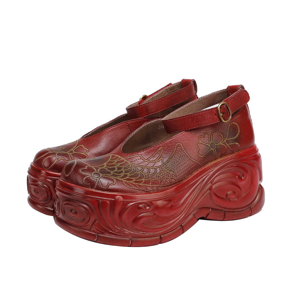 Designsoo Top Grain Leather Lightweight Thick Sole Red Single Shoes