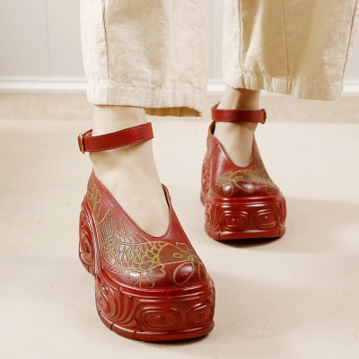 Designsoo Top Grain Leather Lightweight Thick Sole Red Single Shoes 02