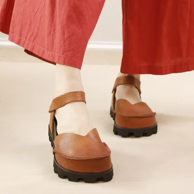 Top Grain Leather Low-Cut Flat Single Strap Casual Shoes 02