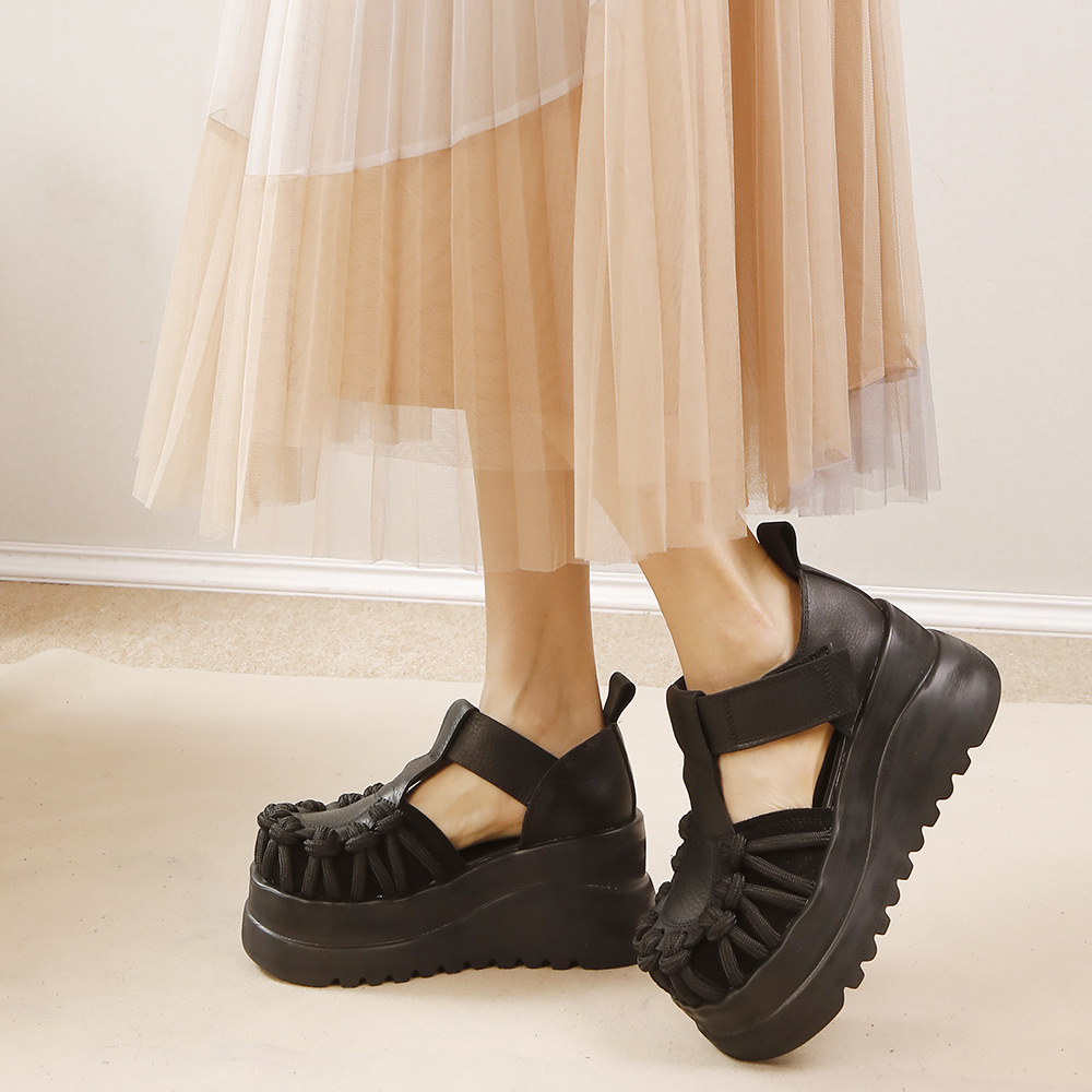 Designsoo Top Grain Leather Platform Thick Sole Peep Toe Sandals