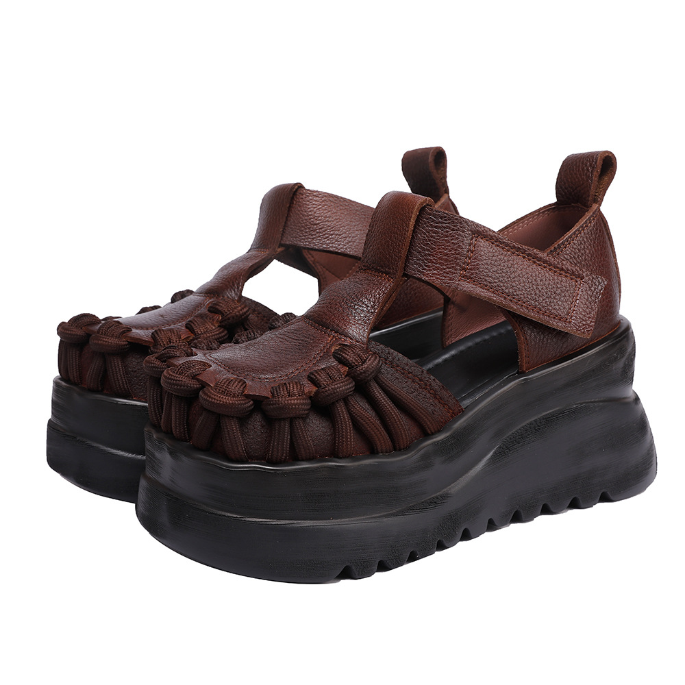 Designsoo Top Grain Leather Platform Thick Sole Peep Toe Sandals