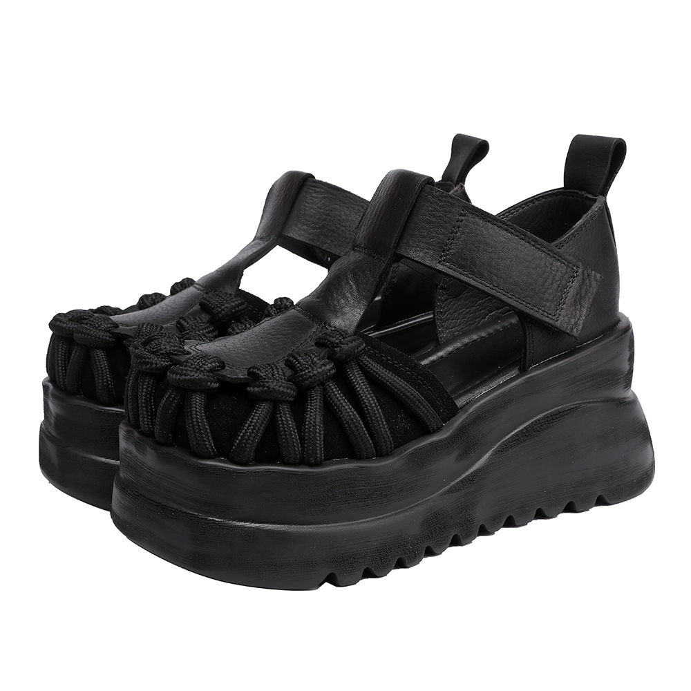 Designsoo Top Grain Leather Platform Thick Sole Peep Toe Sandals