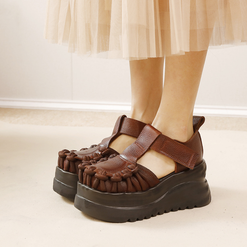 Designsoo Top Grain Leather Platform Thick Sole Peep Toe Sandals