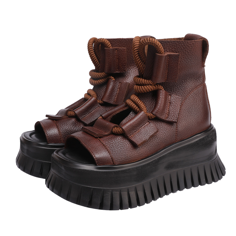 Designsoo Top Grain Leather Thick Sole Peep Toe Roman Sandals