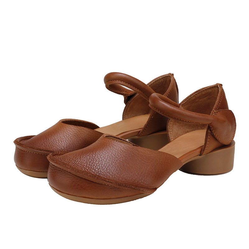 Designsoo Vintage Covered Toe Genuine Leather Chunky Heel Single Shoes